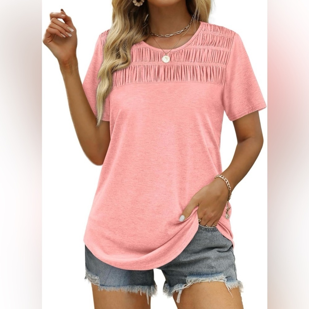 OFEEFAN Women's Short Sleeve Coral Smocked Crewneck Tee T-shirt size XL